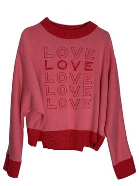 On You Knit Crew Neck Pink and Red Love Sweater Women's S Romantic Feminine